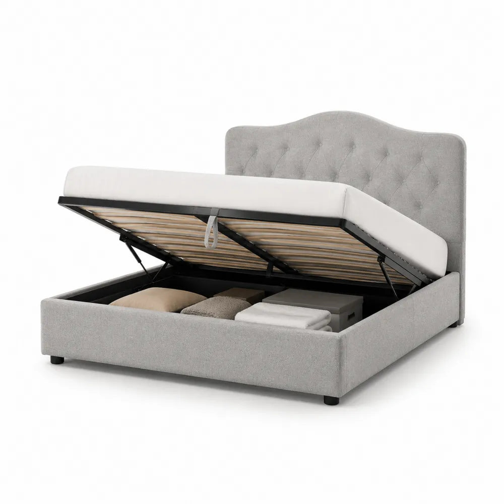 Lit coffre 160 x 200 cm avec tête de lit capitonnée tissu polyester gris structure MDF et acier sommier relevable avec rangement intégré