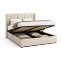 Lit coffre 160 x 200 cm avec sommier relevable structure acier panneaux MDF revêtement tissu polyester beige tête de lit capitonnée rangement hydraulique