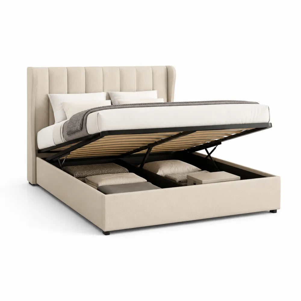 Lit coffre 160 x 200 cm avec sommier relevable structure acier panneaux MDF revêtement tissu polyester beige tête de lit capitonnée rangement hydraulique