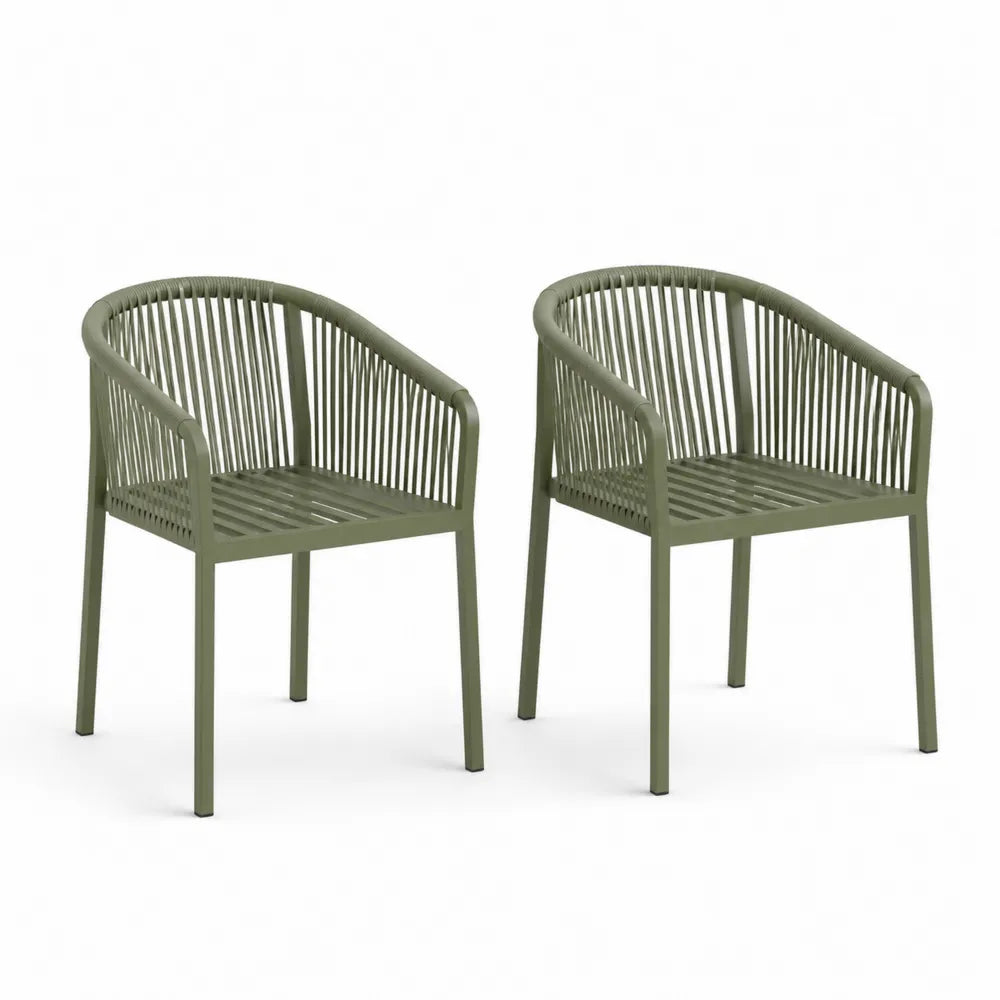 Lot de 2 chaises de jardin avec accoudoirs corde tressée PE acier thermolaqué vert sauge 57 x 59 x 78 cm