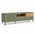 Meuble TV bas rectangulaire 180 x 40 x 50 cm avec niche ouverte et rangements MDF vert olive décor bois naturel pieds métal noir