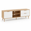 Meuble TV bas rectangulaire avec rangements portes et tiroirs MDF mélaminé chêne clair blanc 180 cm x 40 cm x 50 cm