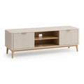 Meuble TV bas 2 portes coulissantes à lattes MDF mélaminé beige 160 cm x 40 cm x 50 cm pieds bois