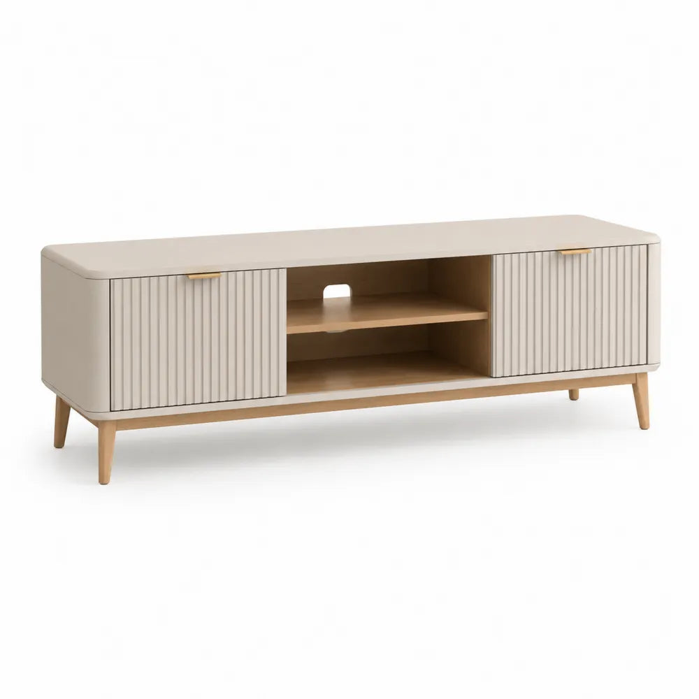 Meuble TV bas 2 portes coulissantes à lattes MDF mélaminé beige 160 cm x 40 cm x 50 cm pieds bois