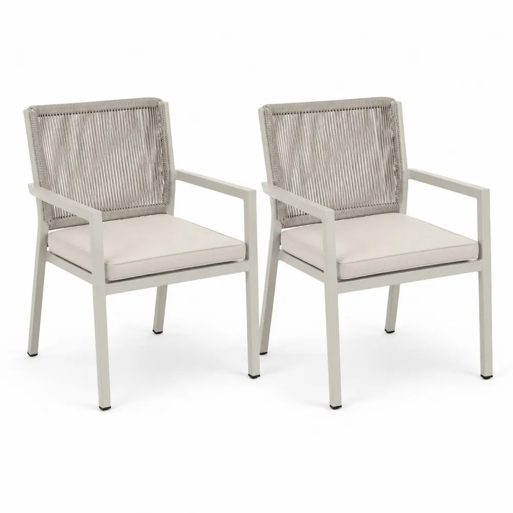 Chaises de jardin lot de 2 structure aluminium thermolaqué beige corde tressée polyester coussin assise beige 56 cm x 60 cm x 85 cm