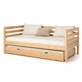 Lit banquette 90 x 200 cm avec tiroirs de rangement cadre en bois massif de pin tête et pied de lit bois naturel et beige structure rectangulaire