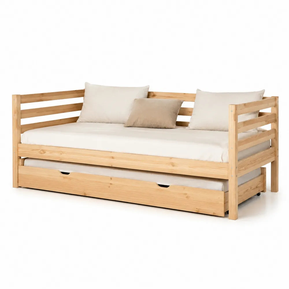 Lit banquette 90 x 200 cm avec tiroirs de rangement cadre en bois massif de pin tête et pied de lit bois naturel et beige structure rectangulaire