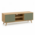 Meuble TV 160 x 40 x 50 cm MDF mélaminé chêne clair portes coulissantes vert sauge structure rectangulaire