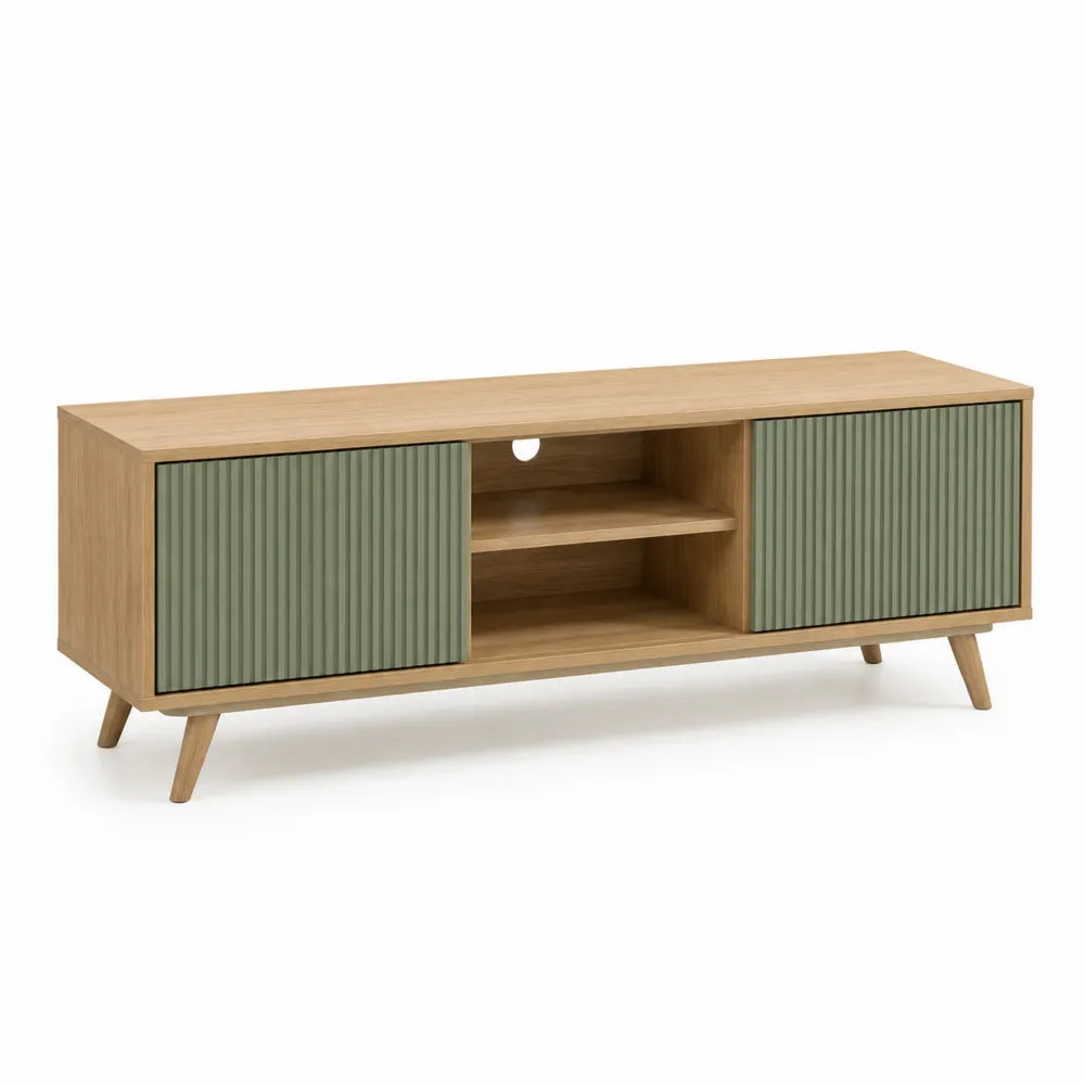 Meuble TV 160 x 40 x 50 cm MDF mélaminé chêne clair portes coulissantes vert sauge structure rectangulaire