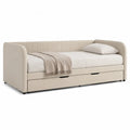 Canapé-lit 90 x 200 cm cadre avec 2 tiroirs de rangement tête de lit rembourrée tissu polyester beige structure MDF pieds acier noir forme rectangulaire
