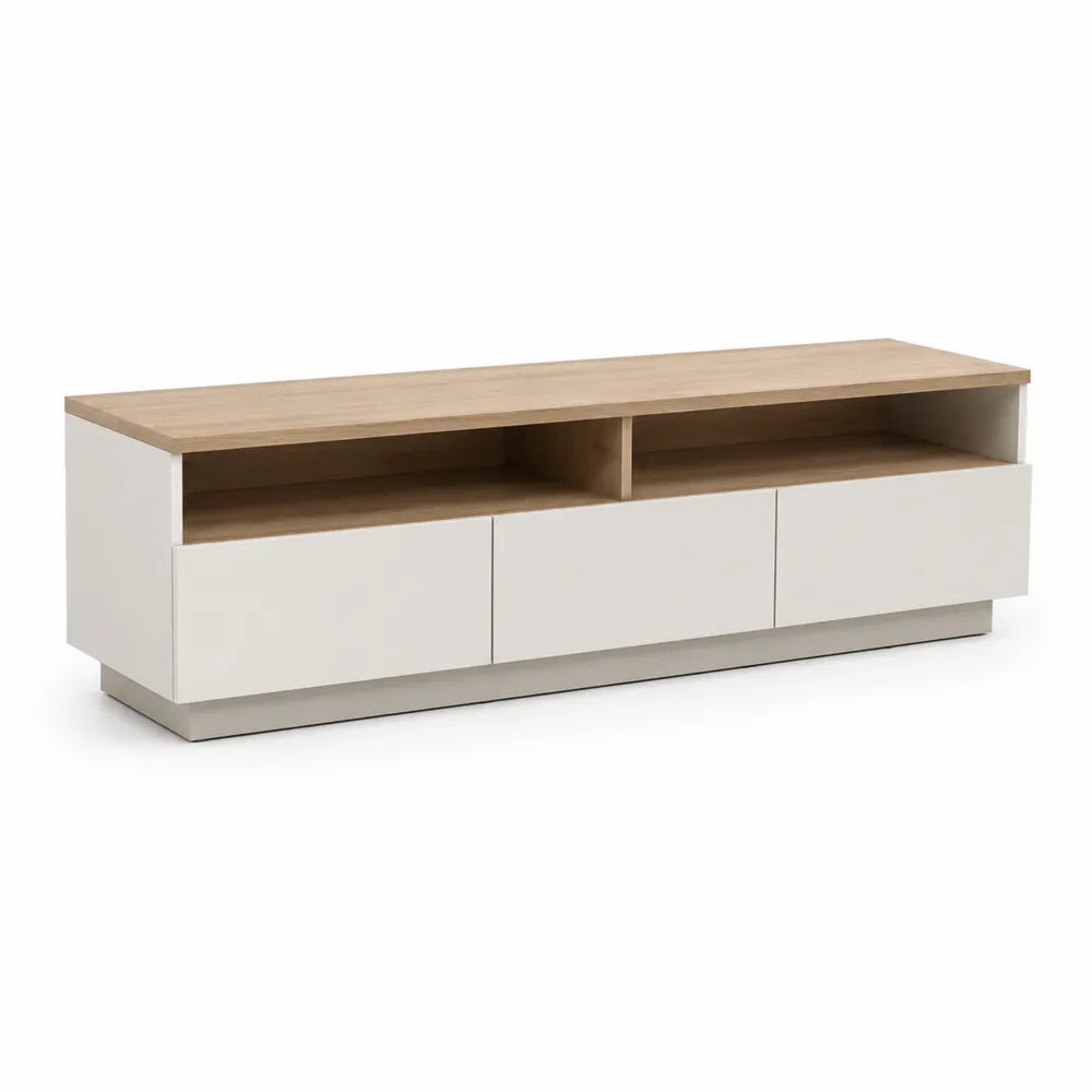 Meuble TV bas 3 tiroirs et étagères ouvertes MDF mélaminé blanc et bois naturel 180 cm x 40 cm x 45 cm