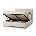 Lit coffre 2 places avec sommier relevable tissu beige cadre métal noir lattes en bois 160 x 200 cm tête de lit capitonnée