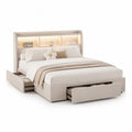 Lit coffre 160 x 200 cm avec rangements tiroirs tête de lit avec niches et éclairage LED structure MDF sommier à lattes revêtement tissu beige