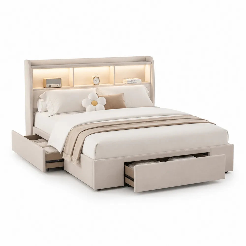 Lit coffre 160 x 200 cm avec rangements tiroirs tête de lit avec niches et éclairage LED structure MDF sommier à lattes revêtement tissu beige