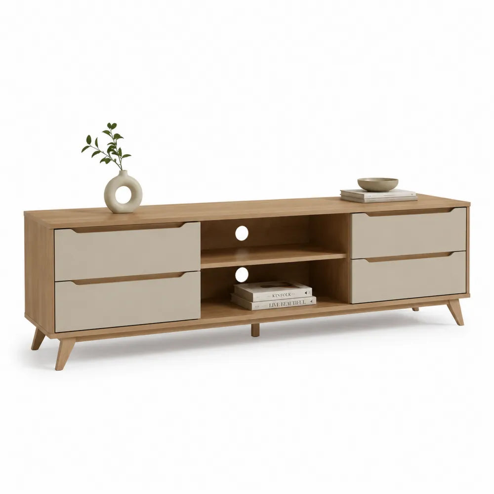 Meuble TV bas rectangulaire en panneaux de particules décor chêne naturel avec façades de tiroirs beige et pieds en bois 180 cm x 40 cm x 50 cm