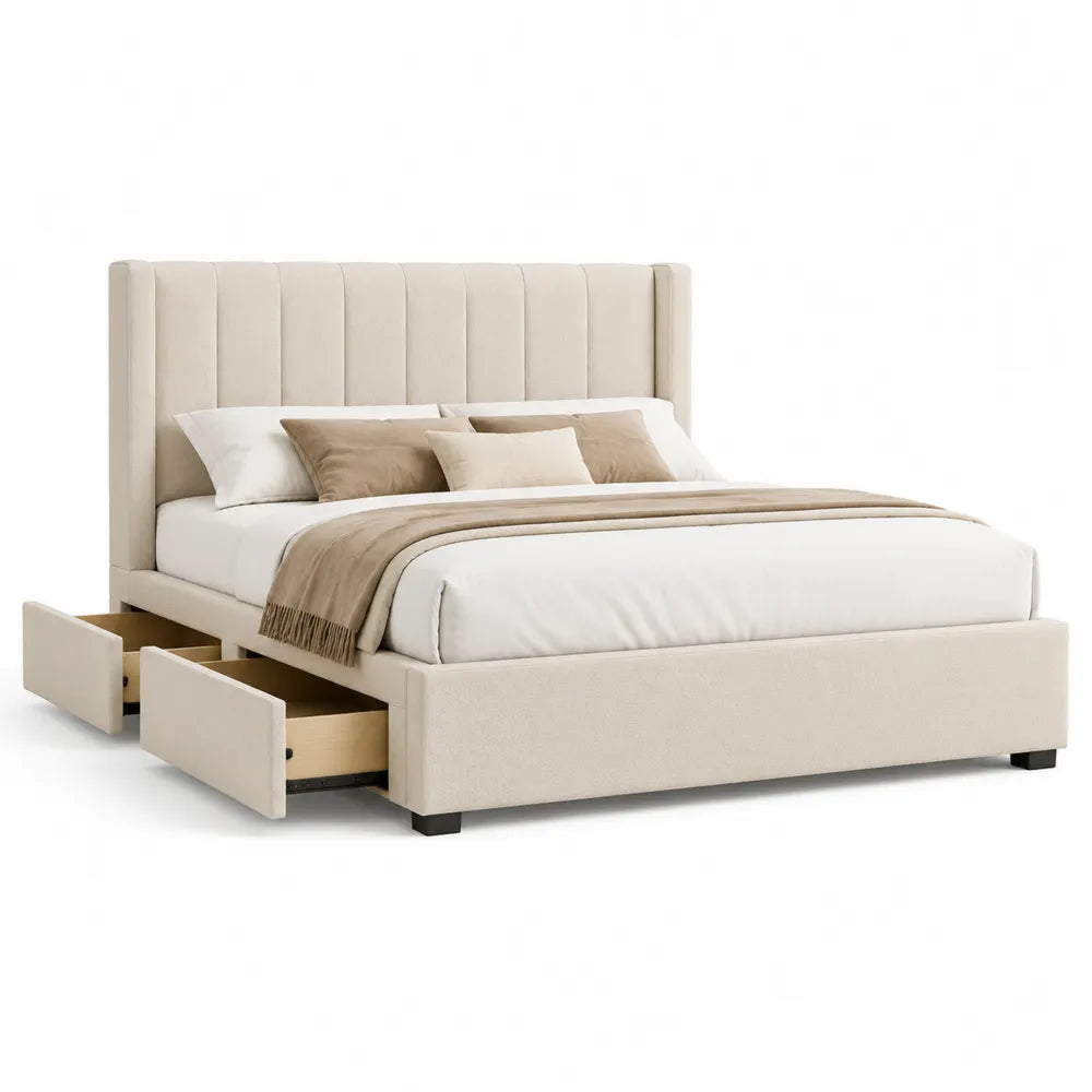 Lit avec rangement 160 x 200 cm avec 2 tiroirs frontaux cadre MDF revêtement tissu polyester beige tête de lit capitonnée pieds noirs