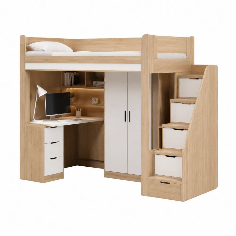 Lit mezzanine 90 x 200 cm avec bureau armoire escalier de rangement MDF mélaminé chêne clair et blanc 250 x 110 x 180 cm