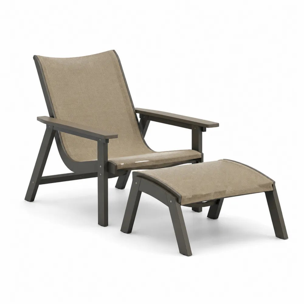 Fauteuil de jardin avec repose-pieds 2 pièces structure métal thermolaqué tissu textilène beige forme rectangulaire
