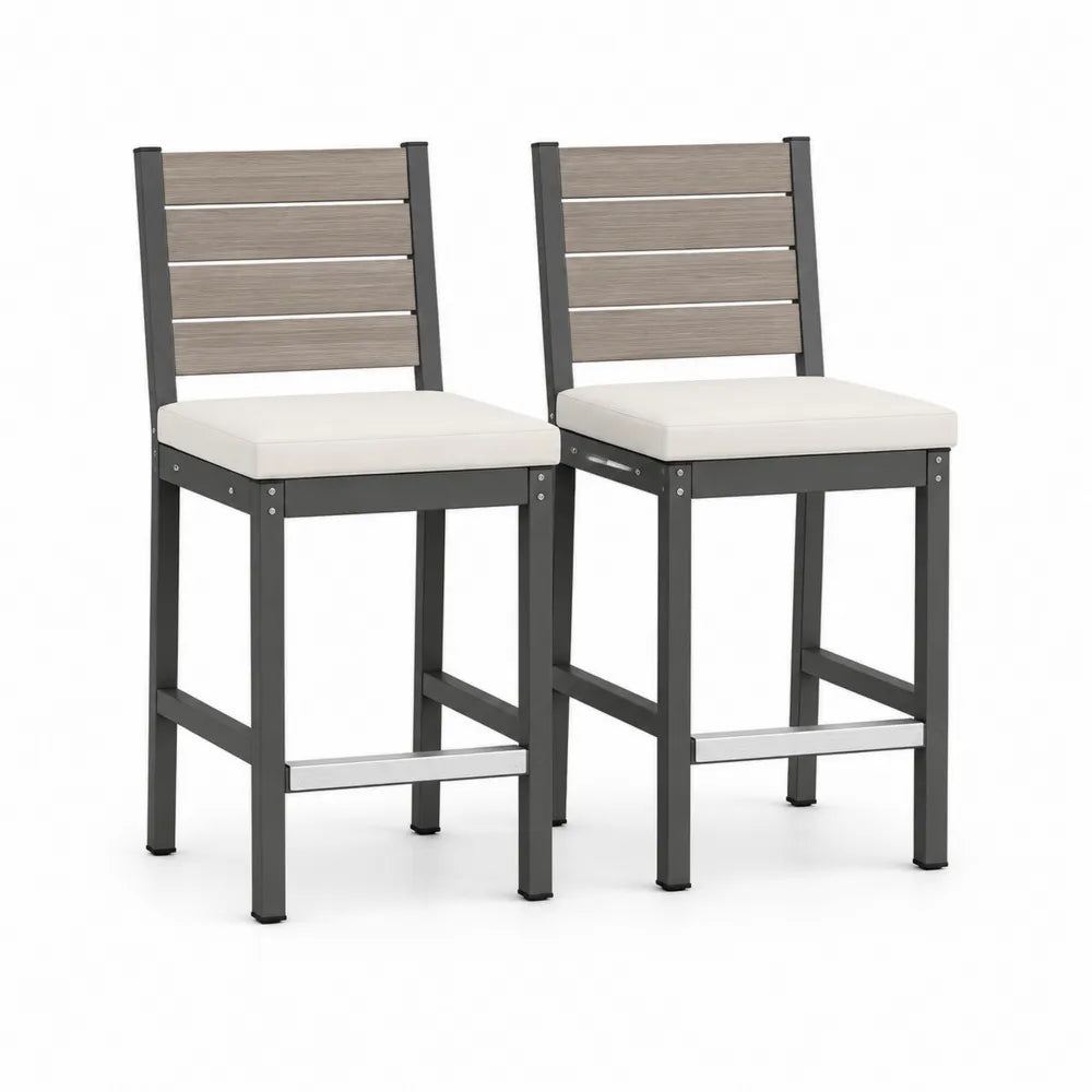 Chaises de bar de jardin lot de 2 structure aluminium gris foncé assise coussin beige dossier lattes effet bois 55 cm x 60 cm x 105 cm