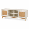 Meuble TV bas rectangulaire avec 2 portes cannage et 4 niches MDF mélaminé blanc cassé rotin naturel 140 cm x 40 cm x 50 cm