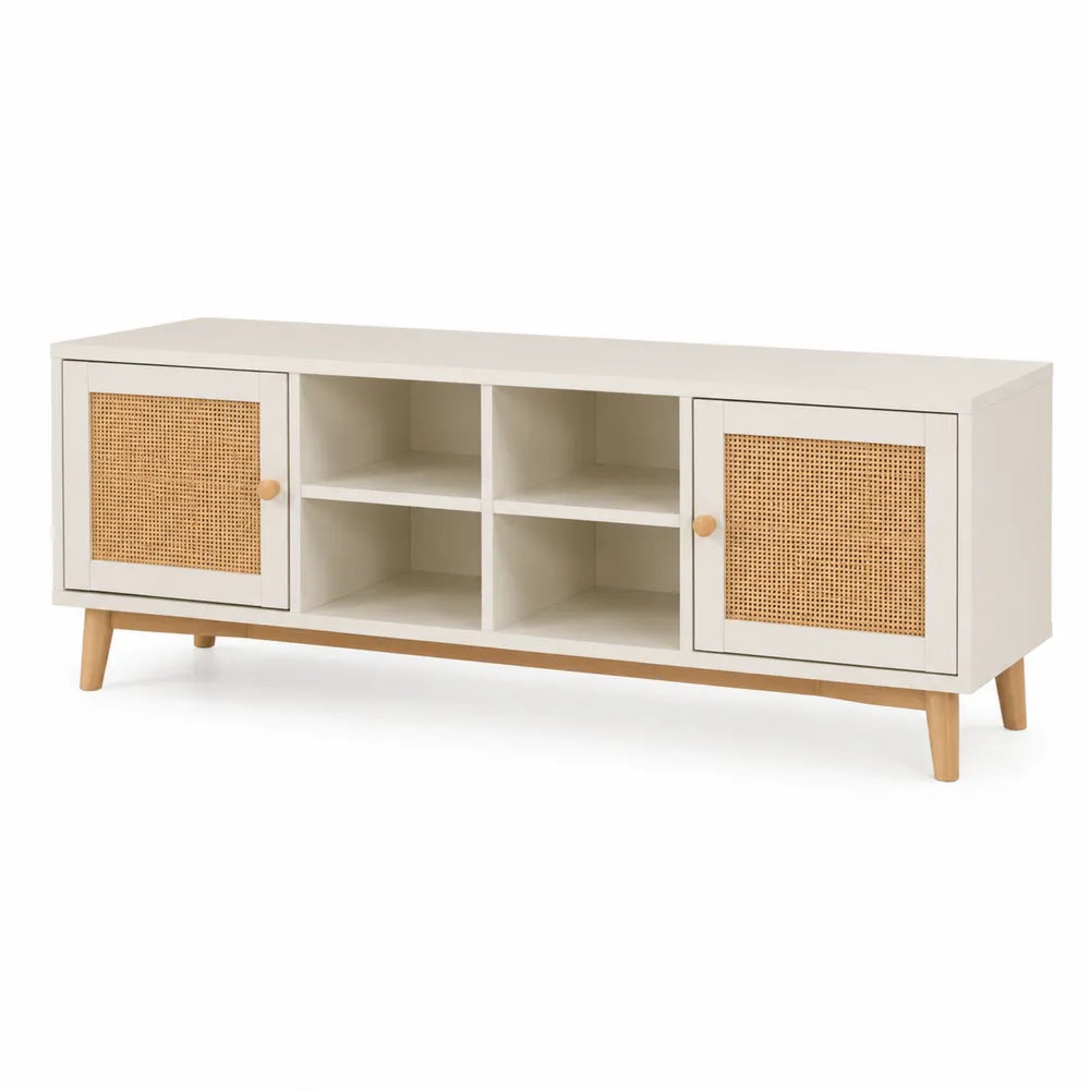Meuble TV bas rectangulaire avec 2 portes cannage et 4 niches MDF mélaminé blanc cassé rotin naturel 140 cm x 40 cm x 50 cm