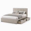 Lit 160 x 200 cm avec rangement tiroirs latéraux tête de lit capitonnée tissu polyester beige structure MDF et bois d’ingénierie sommier à lattes