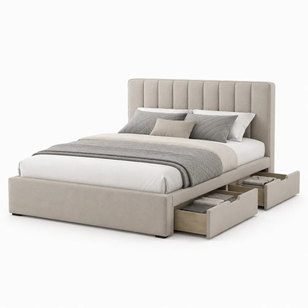 Lit 160 x 200 cm avec rangement tiroirs latéraux tête de lit capitonnée tissu polyester beige structure MDF et bois d’ingénierie sommier à lattes