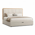 Lit coffre 160 x 200 cm avec tiroir de rangement frontal structure MDF et bois revêtement tissu polyester beige tête de lit capitonnée cadre bois naturel