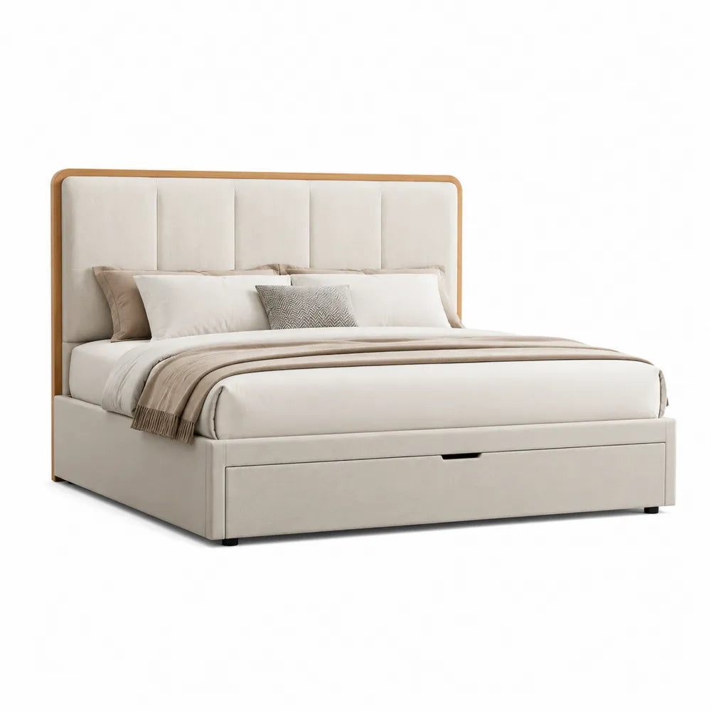 Lit coffre 160 x 200 cm avec tiroir de rangement frontal structure MDF et bois revêtement tissu polyester beige tête de lit capitonnée cadre bois naturel