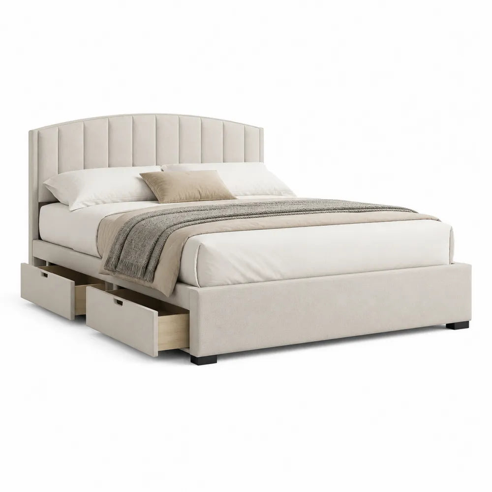 Lit double 160 x 200 cm avec 2 tiroirs de rangement MDF revêtement polyester beige tête de lit capitonnée 216 x 170 x 120 cm